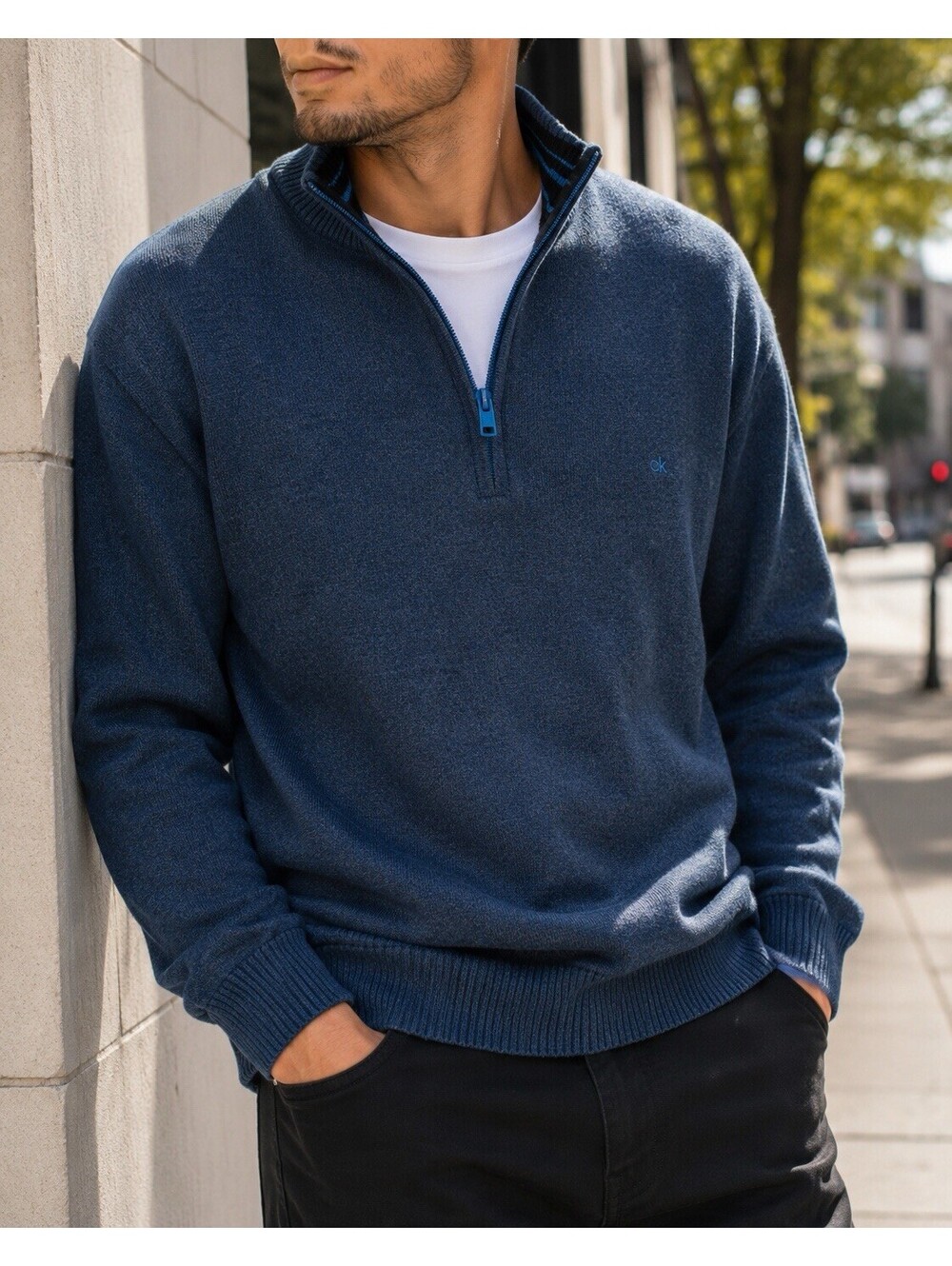 Calvin Klein Men’s 1/4 Zip Sweater Charcoal Gray Blue Trim Cotton Blend XL